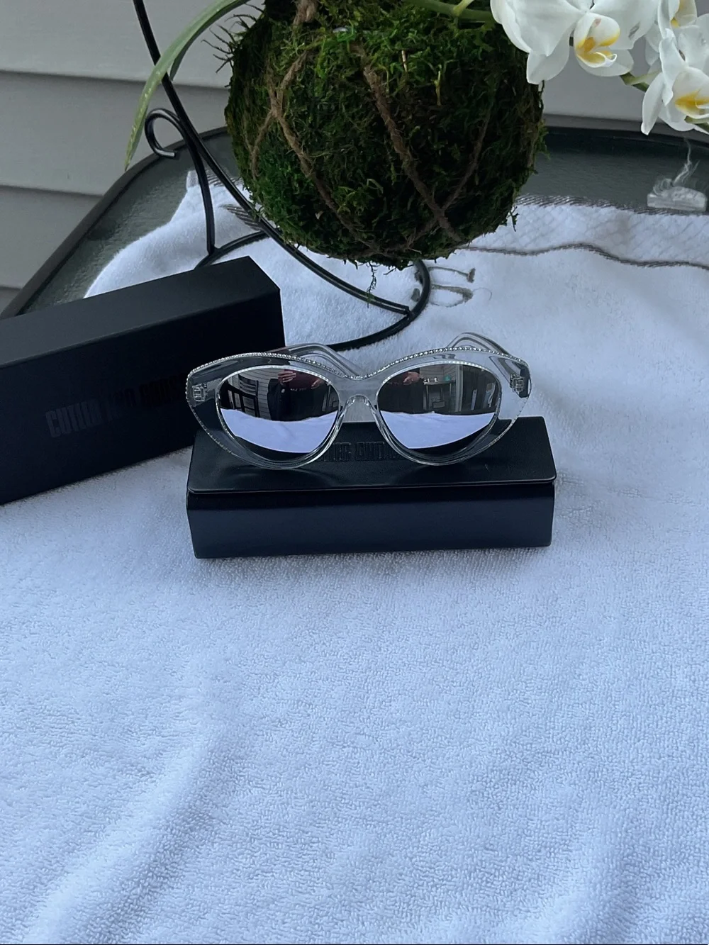 Crystal Cat-Eye Sunglasses with Silver Mirrored Lenses